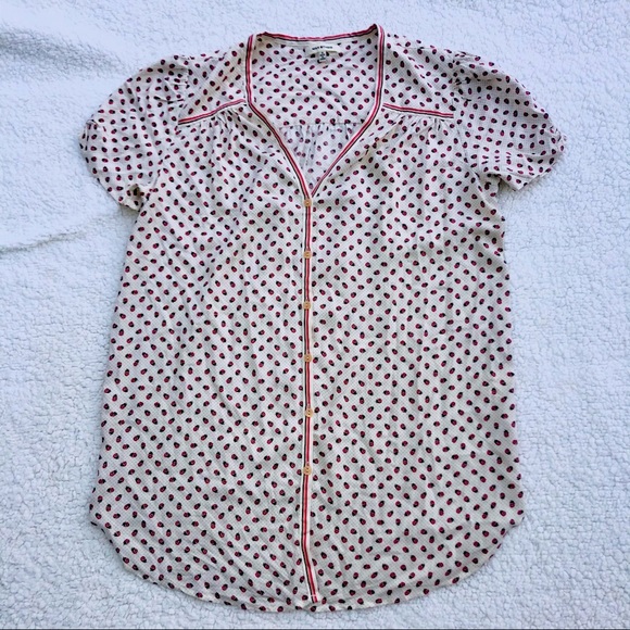 Max Studio blouse ladybug print button down top women’s small short sleeve - Picture 8 of 11